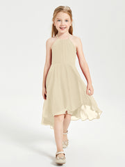 Trendy Tea Length Junior Bridesmaid Dresses Asymmetrical Skirt Champagne