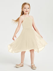 Trendy Tea Length Junior Bridesmaid Dresses Asymmetrical Skirt Champagne