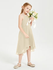 Trendy Tea Length Junior Bridesmaid Dresses Asymmetrical Skirt Champagne