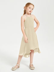 Trendy Tea Length Junior Bridesmaid Dresses Asymmetrical Skirt Champagne