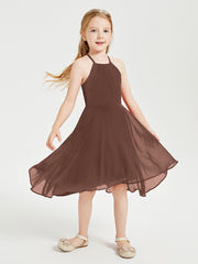 Trendy Tea Length Junior Bridesmaid Dresses Asymmetrical Skirt Chocolate