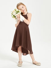 Trendy Tea Length Junior Bridesmaid Dresses Asymmetrical Skirt Chocolate