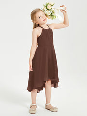 Trendy Tea Length Junior Bridesmaid Dresses Asymmetrical Skirt Chocolate