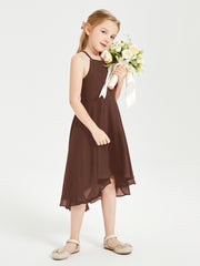 Trendy Tea Length Junior Bridesmaid Dresses Asymmetrical Skirt Chocolate