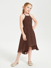 Trendy Tea Length Junior Bridesmaid Dresses Asymmetrical Skirt Chocolate