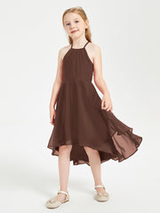 Trendy Tea Length Junior Bridesmaid Dresses Asymmetrical Skirt Chocolate