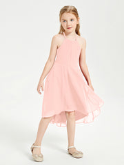 Trendy Tea Length Junior Bridesmaid Dresses Asymmetrical Skirt Coral
