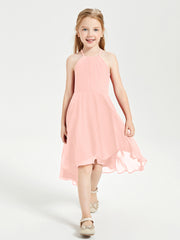 Trendy Tea Length Junior Bridesmaid Dresses Asymmetrical Skirt Coral