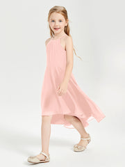 Trendy Tea Length Junior Bridesmaid Dresses Asymmetrical Skirt Coral