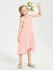 Trendy Tea Length Junior Bridesmaid Dresses Asymmetrical Skirt Coral