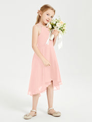 Trendy Tea Length Junior Bridesmaid Dresses Asymmetrical Skirt Coral