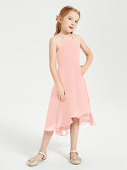 Trendy Tea Length Junior Bridesmaid Dresses Asymmetrical Skirt Coral