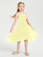Trendy Tea Length Junior Bridesmaid Dresses Asymmetrical Skirt Daffodil