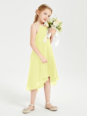 Trendy Tea Length Junior Bridesmaid Dresses Asymmetrical Skirt Daffodil