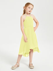 Trendy Tea Length Junior Bridesmaid Dresses Asymmetrical Skirt Daffodil