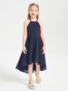 Trendy Tea Length Junior Bridesmaid Dresses Asymmetrical Skirt Dark Navy