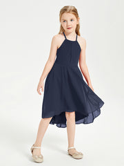 Trendy Tea Length Junior Bridesmaid Dresses Asymmetrical Skirt Dark Navy