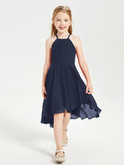 Trendy Tea Length Junior Bridesmaid Dresses Asymmetrical Skirt Dark Navy