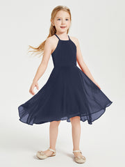 Trendy Tea Length Junior Bridesmaid Dresses Asymmetrical Skirt Dark Navy