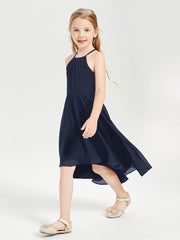 Trendy Tea Length Junior Bridesmaid Dresses Asymmetrical Skirt Dark Navy