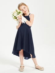 Trendy Tea Length Junior Bridesmaid Dresses Asymmetrical Skirt Dark Navy