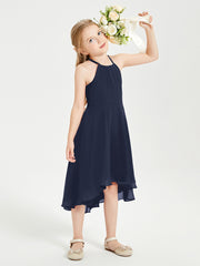 Trendy Tea Length Junior Bridesmaid Dresses Asymmetrical Skirt Dark Navy