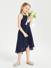 Trendy Tea Length Junior Bridesmaid Dresses Asymmetrical Skirt Dark Navy