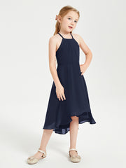 Trendy Tea Length Junior Bridesmaid Dresses Asymmetrical Skirt Dark Navy