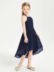 Trendy Tea Length Junior Bridesmaid Dresses Asymmetrical Skirt Dark Navy