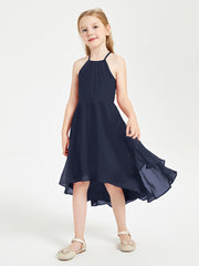 Trendy Tea Length Junior Bridesmaid Dresses Asymmetrical Skirt Dark Navy