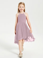 Trendy Tea Length Junior Bridesmaid Dresses Asymmetrical Skirt Dusk