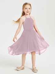 Trendy Tea Length Junior Bridesmaid Dresses Asymmetrical Skirt Dusk