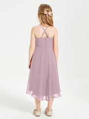 Trendy Tea Length Junior Bridesmaid Dresses Asymmetrical Skirt Dusk