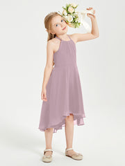 Trendy Tea Length Junior Bridesmaid Dresses Asymmetrical Skirt Dusk