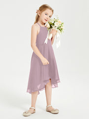 Trendy Tea Length Junior Bridesmaid Dresses Asymmetrical Skirt Dusk