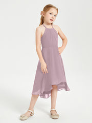 Trendy Tea Length Junior Bridesmaid Dresses Asymmetrical Skirt Dusk