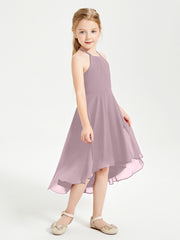 Trendy Tea Length Junior Bridesmaid Dresses Asymmetrical Skirt Dusk