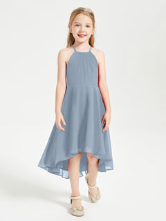 Trendy Tea Length Junior Bridesmaid Dresses Asymmetrical Skirt Dusty Blue