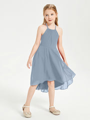Trendy Tea Length Junior Bridesmaid Dresses Asymmetrical Skirt Dusty Blue