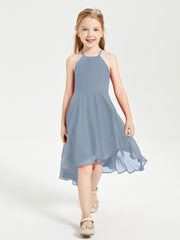 Trendy Tea Length Junior Bridesmaid Dresses Asymmetrical Skirt Dusty Blue