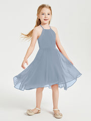 Trendy Tea Length Junior Bridesmaid Dresses Asymmetrical Skirt Dusty Blue