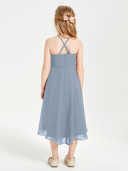 Trendy Tea Length Junior Bridesmaid Dresses Asymmetrical Skirt Dusty Blue