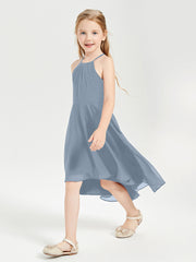 Trendy Tea Length Junior Bridesmaid Dresses Asymmetrical Skirt Dusty Blue