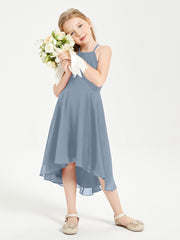Trendy Tea Length Junior Bridesmaid Dresses Asymmetrical Skirt Dusty Blue