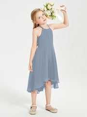 Trendy Tea Length Junior Bridesmaid Dresses Asymmetrical Skirt Dusty Blue