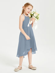 Trendy Tea Length Junior Bridesmaid Dresses Asymmetrical Skirt Dusty Blue