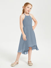Trendy Tea Length Junior Bridesmaid Dresses Asymmetrical Skirt Dusty Blue