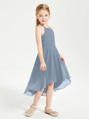Trendy Tea Length Junior Bridesmaid Dresses Asymmetrical Skirt Dusty Blue