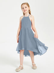 Trendy Tea Length Junior Bridesmaid Dresses Asymmetrical Skirt Dusty Blue