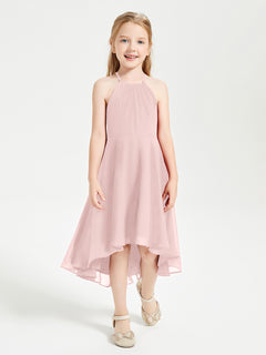 Trendy Tea Length Junior Bridesmaid Dresses Asymmetrical Skirt Dusty Rose